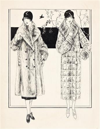 ANNA (ANN) PETERSON ( 20TH CENTURY) Two Art Deco fashion illustrations of women elegant coats and dress.